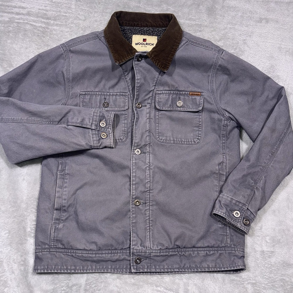 Woolrich Canvas Sherpa Lined Gray Chore Coat Button Up Barn Jacket Mens Size M